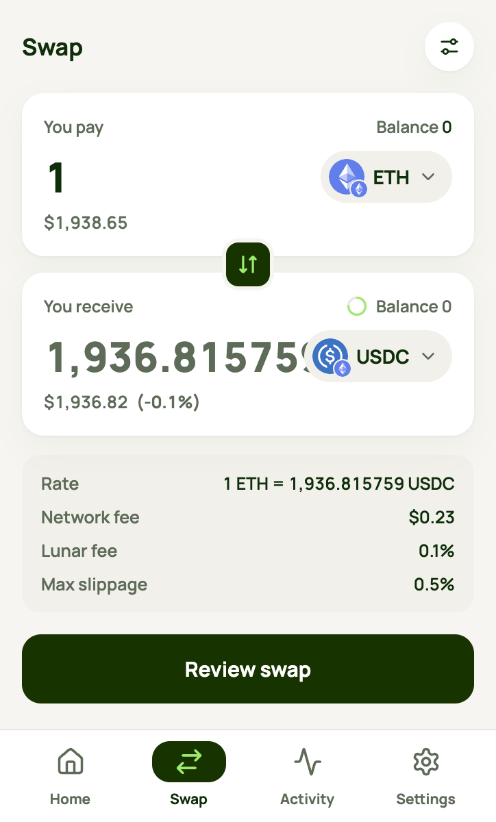 Swap screen quoting 1 ETH to USDC