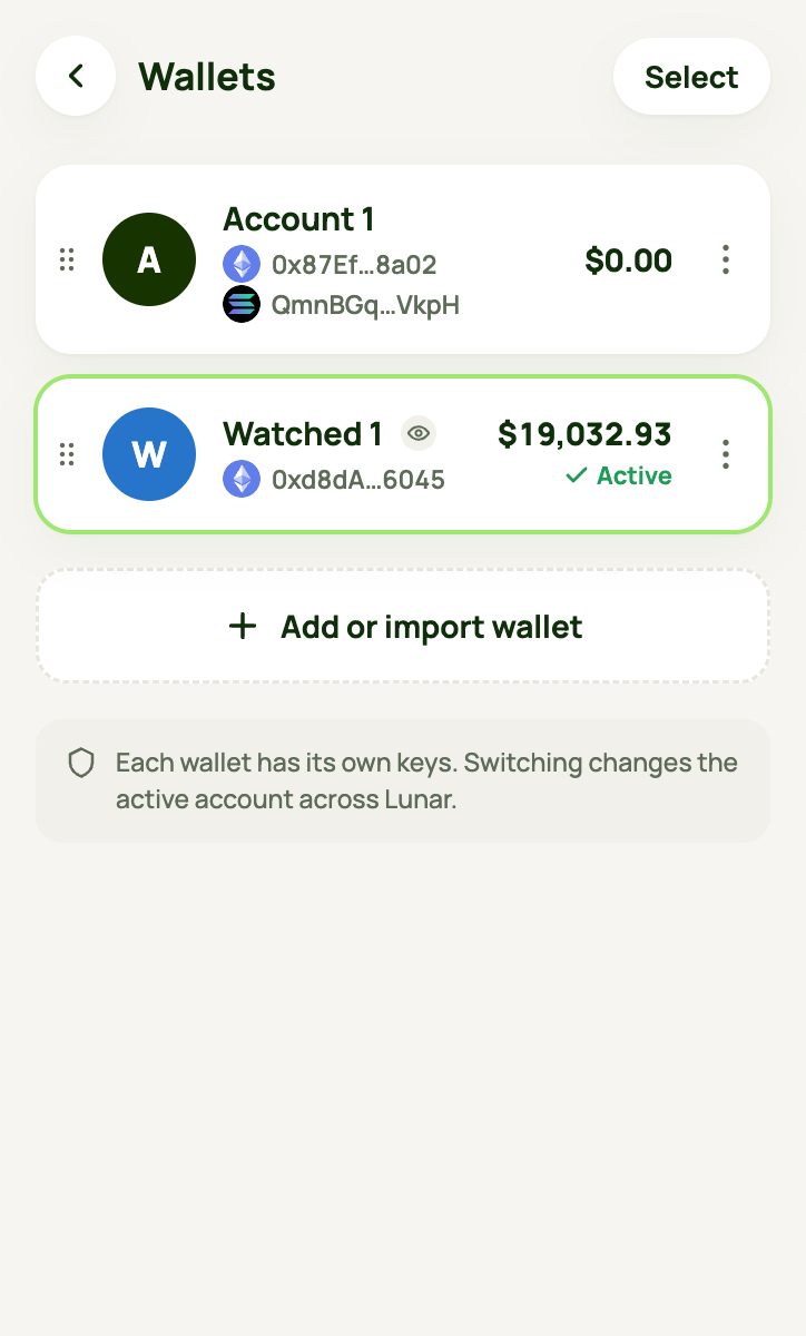 Wallets list with a watch-only wallet